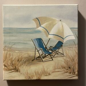 Art - Beach chairs with umbrella on the sand in blues and cream